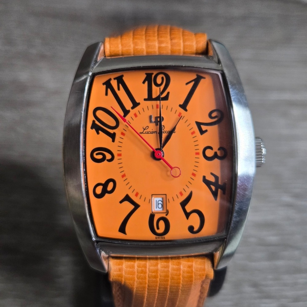 Lucien Piccard Swiss Watch Tonneau Orange Dial Date Leather Strap Water Resist